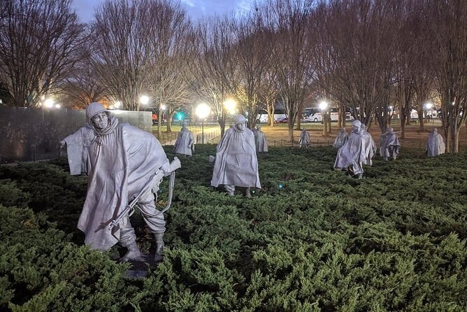 The Korean War Veterans Memorial's soldiers lit among the junipers at night