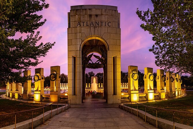 The World War II Memorial's Atlantic arch and pillars at dusk